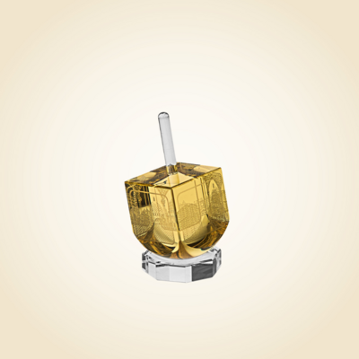 Crystal Amber Dreidel w Scenes of Old Jerusalem on Stand