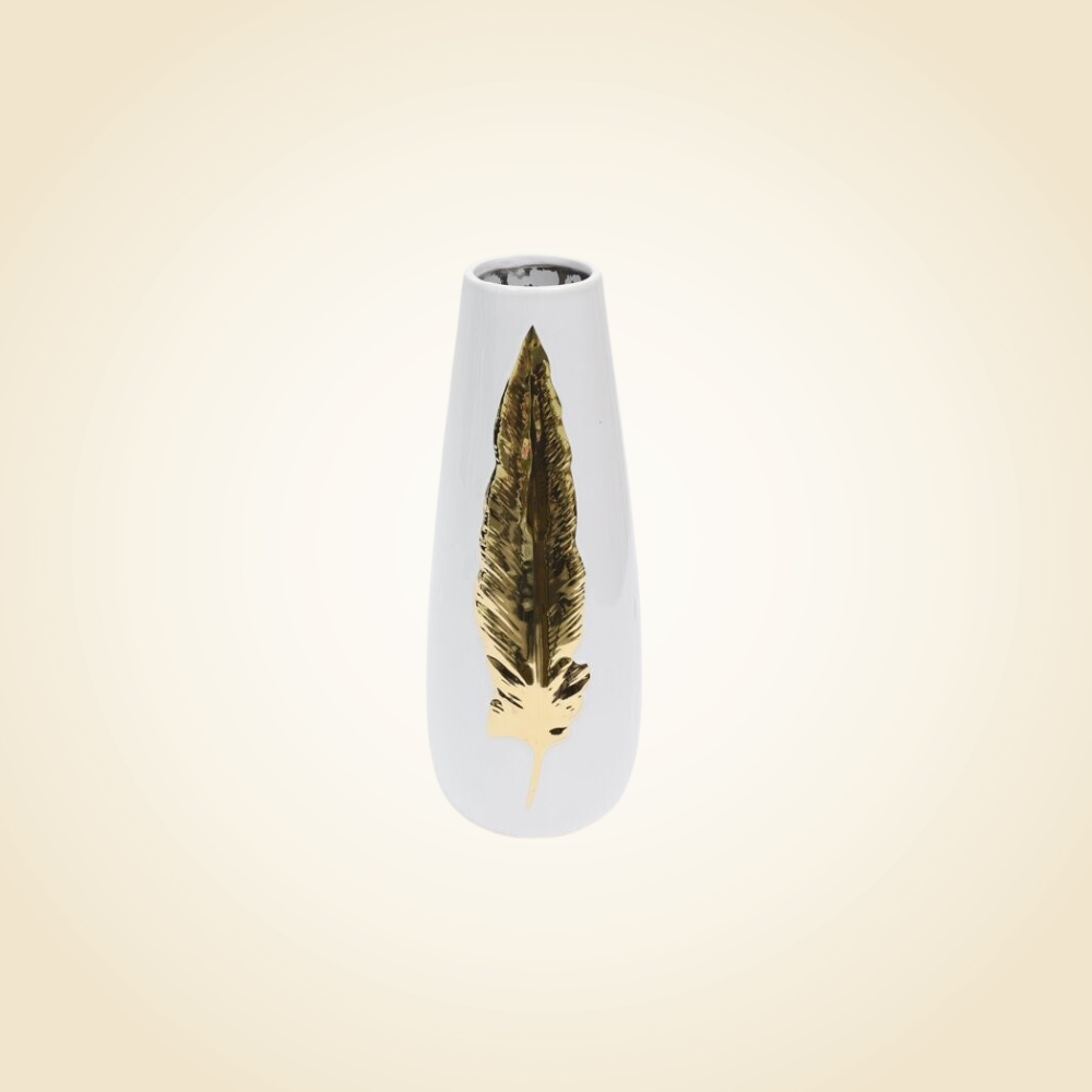 Medium White Ceramic Vase With Gold Leaf