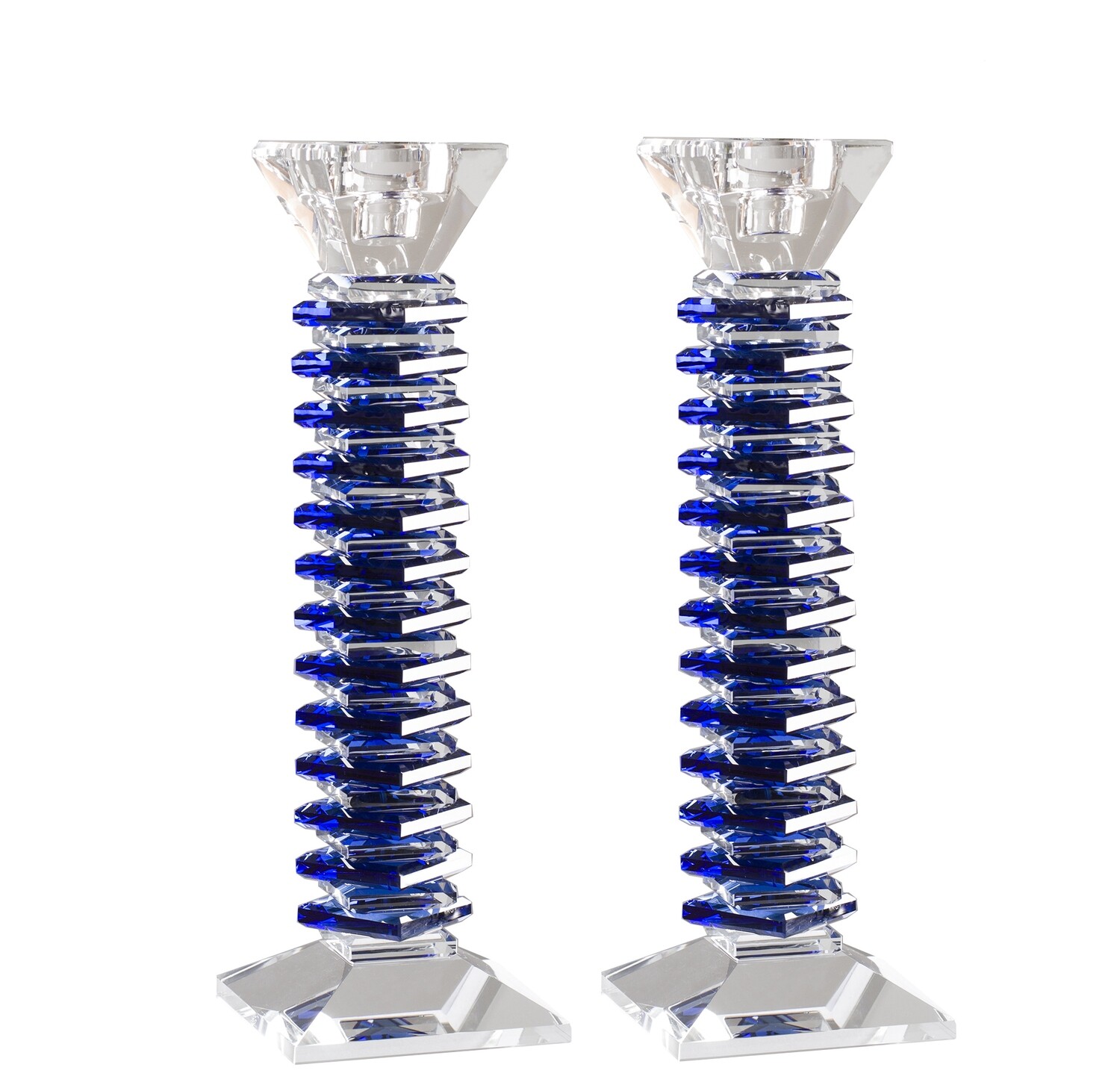 Blue Stacked Design Crystal Candlesticks Set