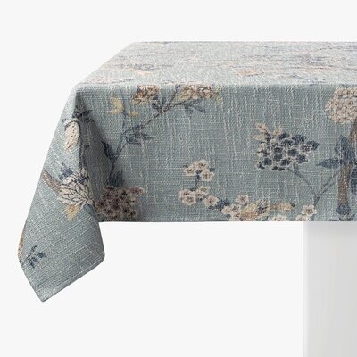 BIRD + FLORAL CHINOISERIE TABLECLOTH  70 x 108| WRINKLE RESISTANT + SPILL-PROOF + OIL STAIN RESISTANT + MACHINE WASHABLE/DRYER SAFE