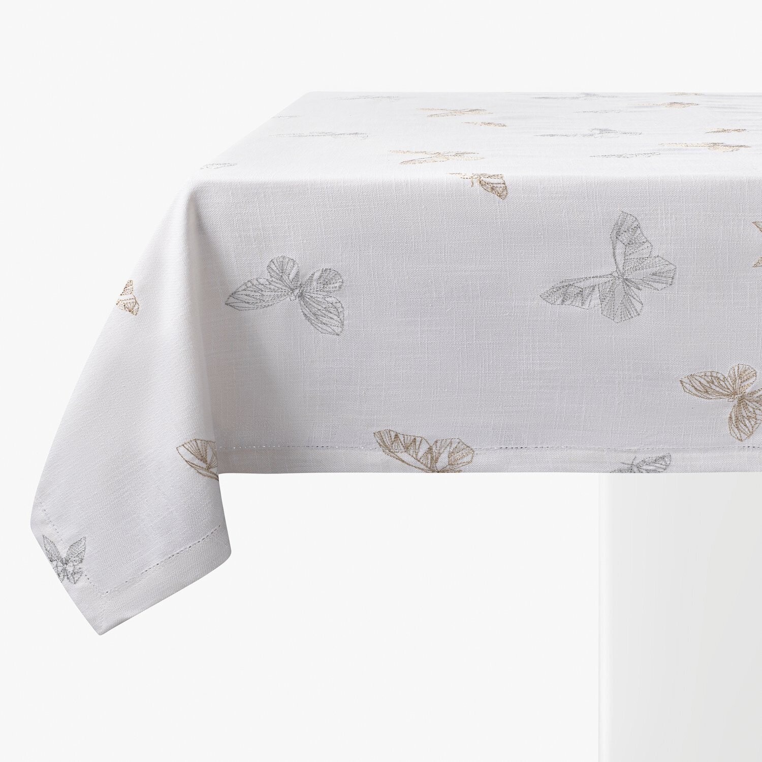 EMBROIDERED BUTTERFLY + HEMSTITCH LINEN TABLECLOTH  70 x 140 | WRINKLE RESISTANT + SPILL-PROOF + OIL STAIN RESISTANT + MACHINE WASHABLE/DRYER SAFE