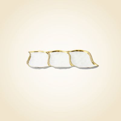 White Porcelain Relish With Gold Rim Dish 3 Section