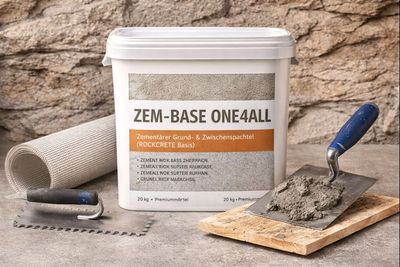 ZEM-BASE ONE4ALL – zementärer Grund- und Zwischenspachtel (ROCKCRETE Basis) im Eimer, mit Kelle, Zahnkelle u. Glasfasergewebe