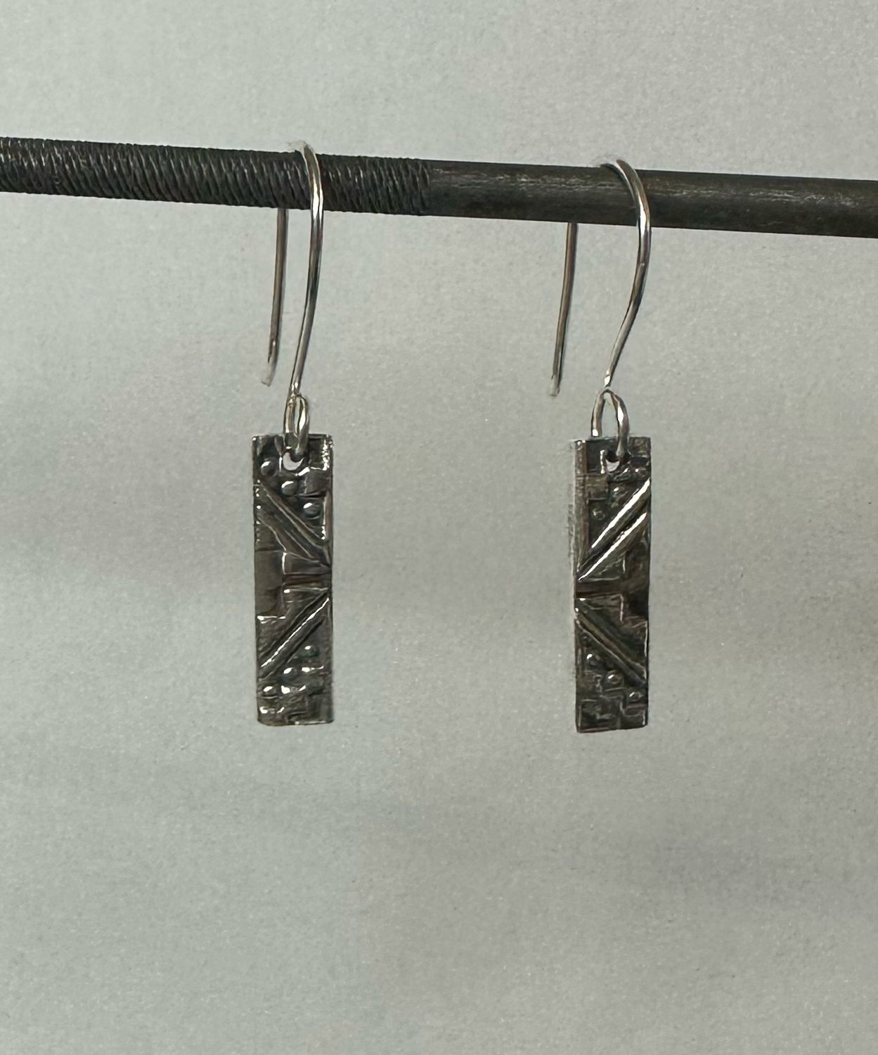 Aztec Pattern Silver Dangly Bar Earrings