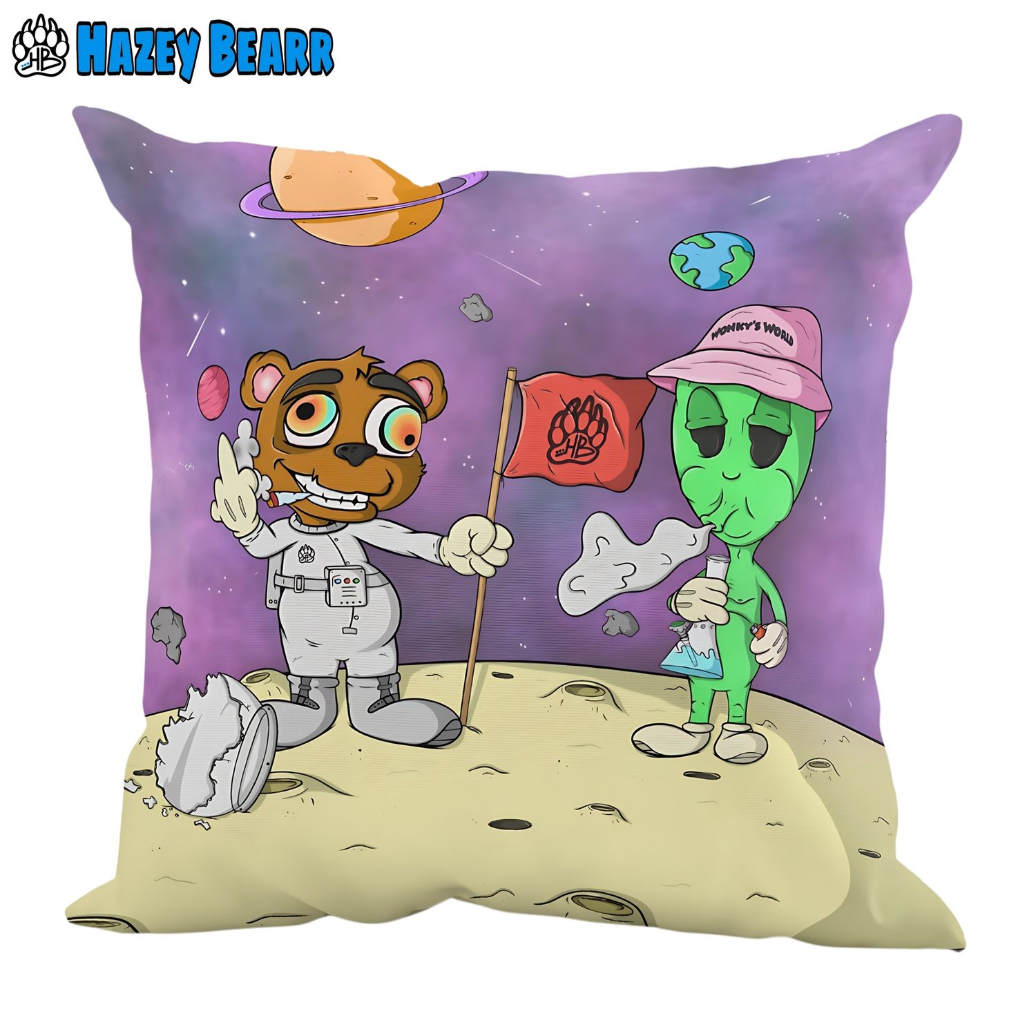 Hazey Bearr™ Pillow, Design: Moon Landing / Gas Mask