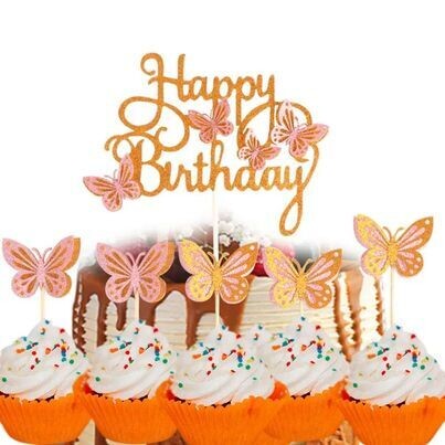 Orange Pink Butterfly Cake Topper w/ 12 pc mini butterfly