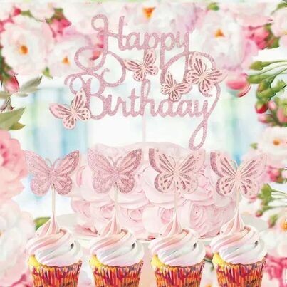 Pink Butterfly Cake Topper w/ 12 pc mini butterfly