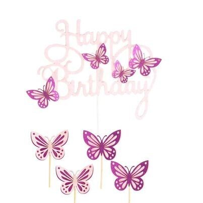 Violet and Pink Butterfly Cake Topper w/ 12 pc mini butterfly