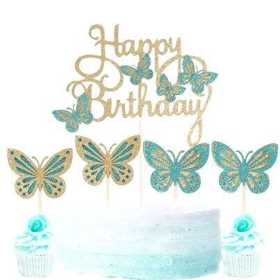 Gold Turquoise Butterfly Cake Topper w/ 12 pc mini butterfly