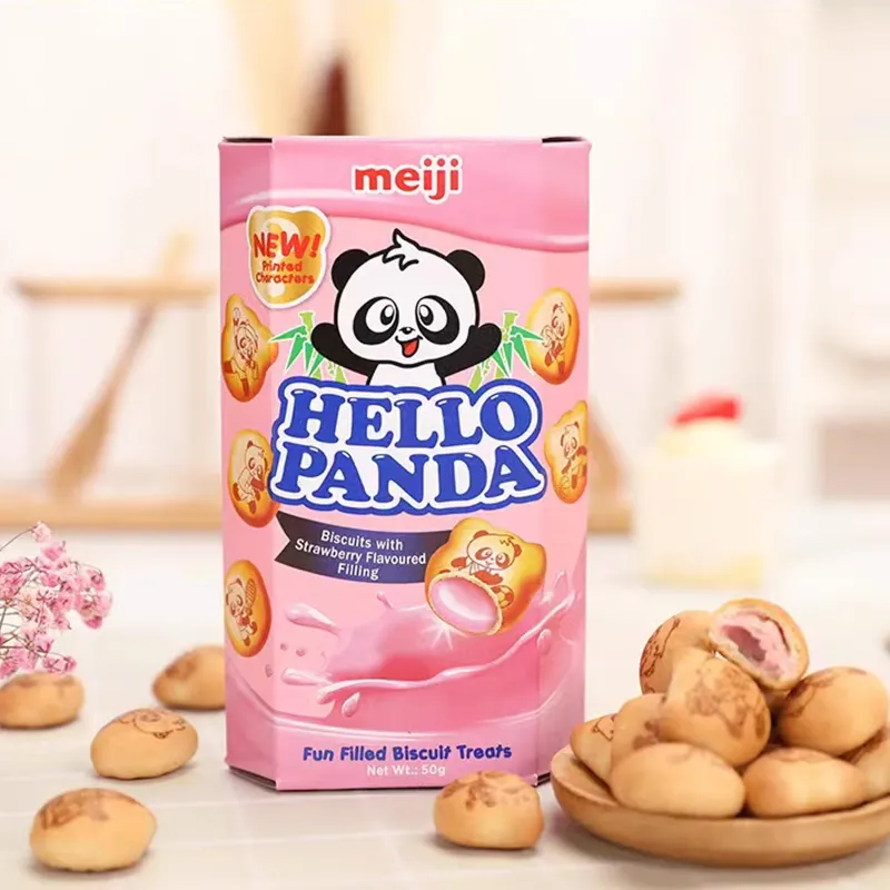 MEIJI Hello Panda - Strawberry Flavour 50g 明治熊貓灌心餅士多啤梨味