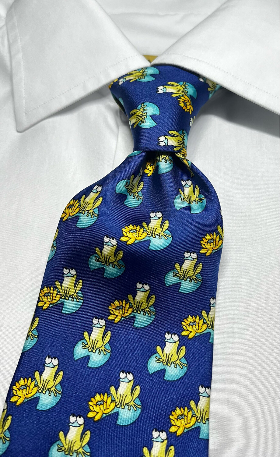Cravatta seta 100% perfetta fondo blu fantasia rane silk tie corbata  elegante cerimonia vivace Krawatte