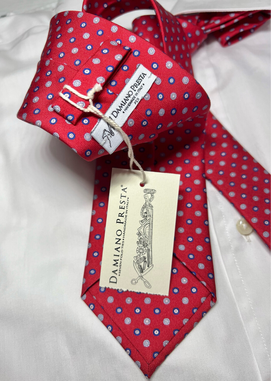 Cravatta Damiano Presta nuova scatolata seta 100% rossa microfantasia 7,5 cm
