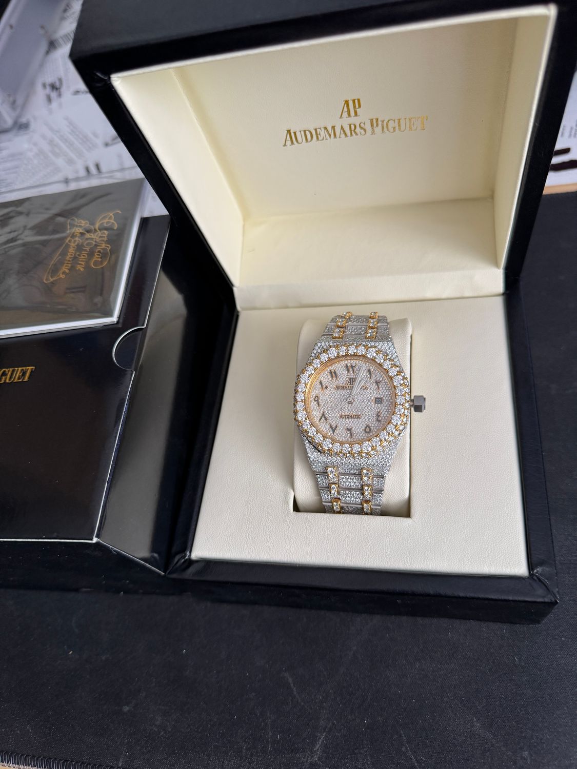 Moissanite A Watch Two Tone Gold Arabic Dial Big Stones SKU 004