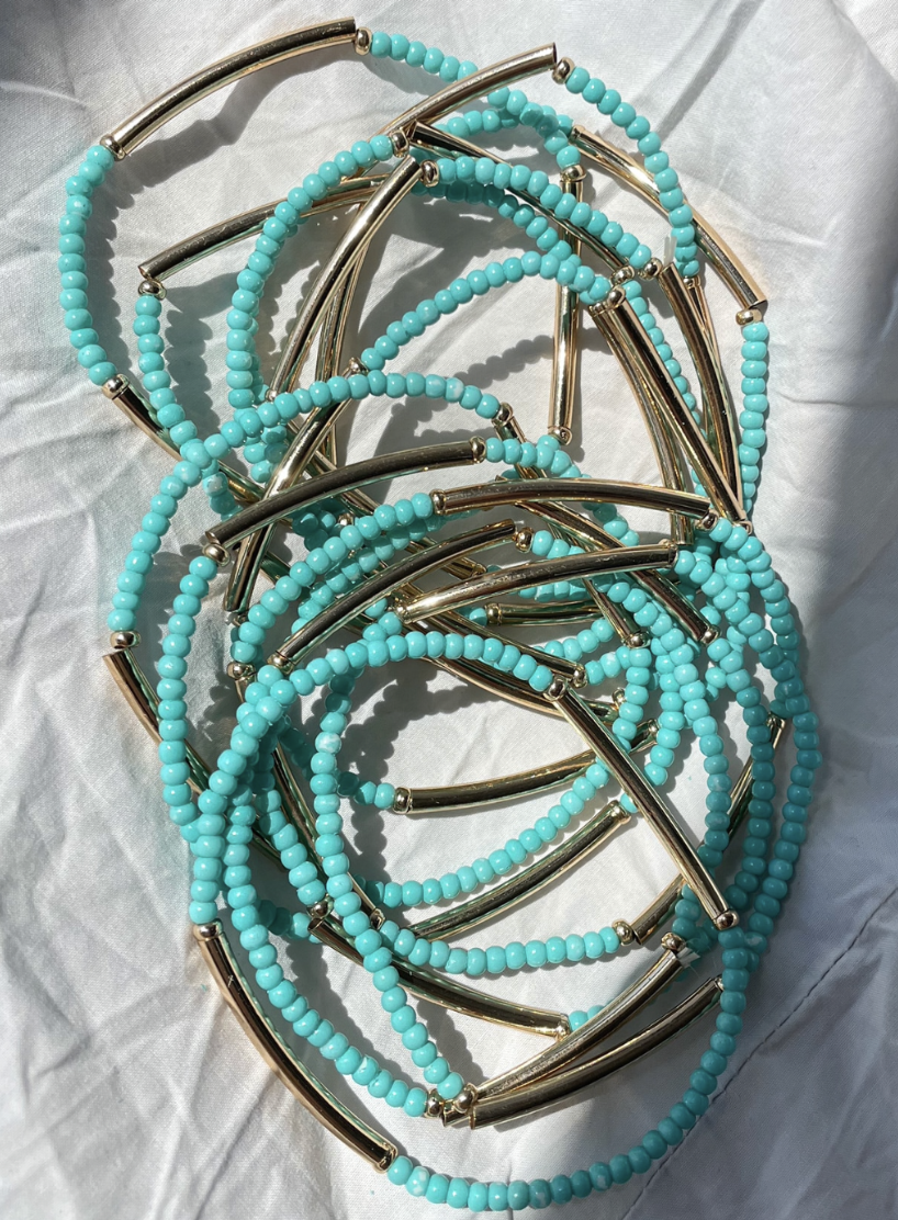 Turquoise Gold Bar Beaded Bracelet (Set Of 3)