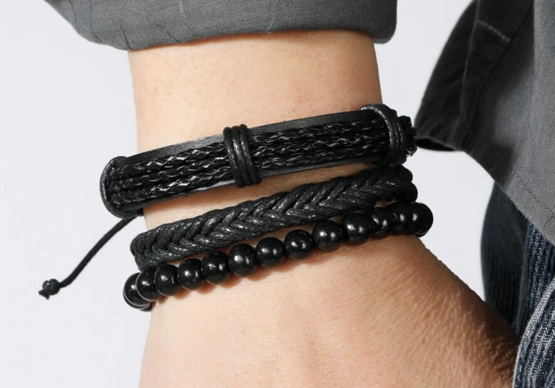 Mens Black Layered Bracelet Set