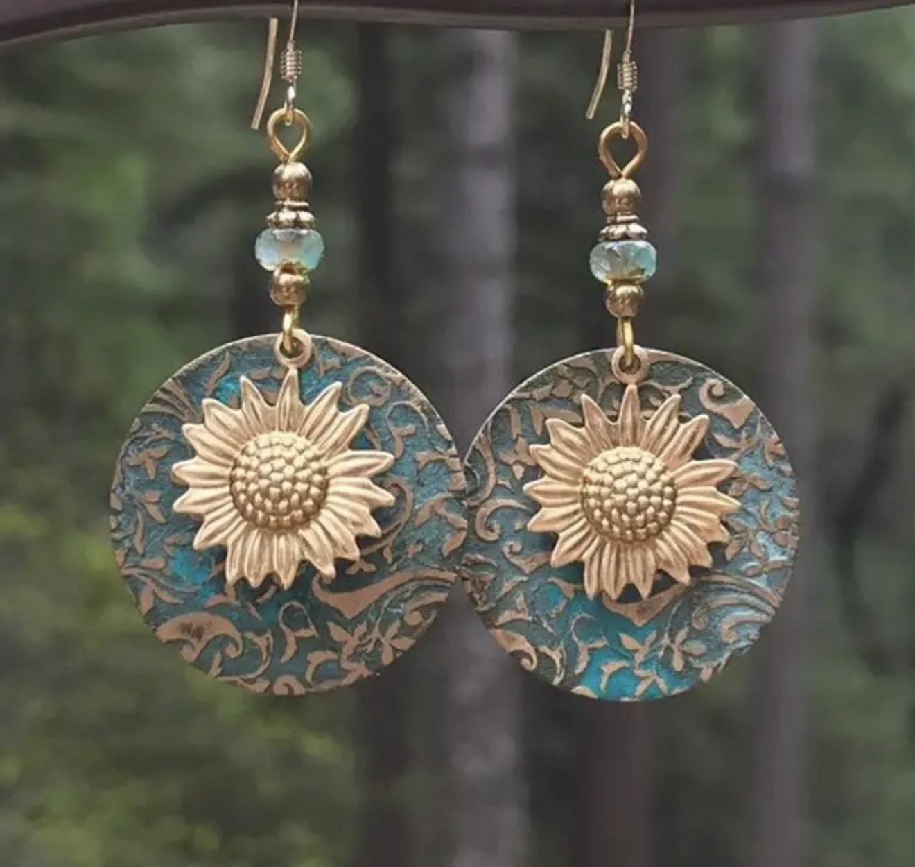 Sunflower Patina Beaded Earrings