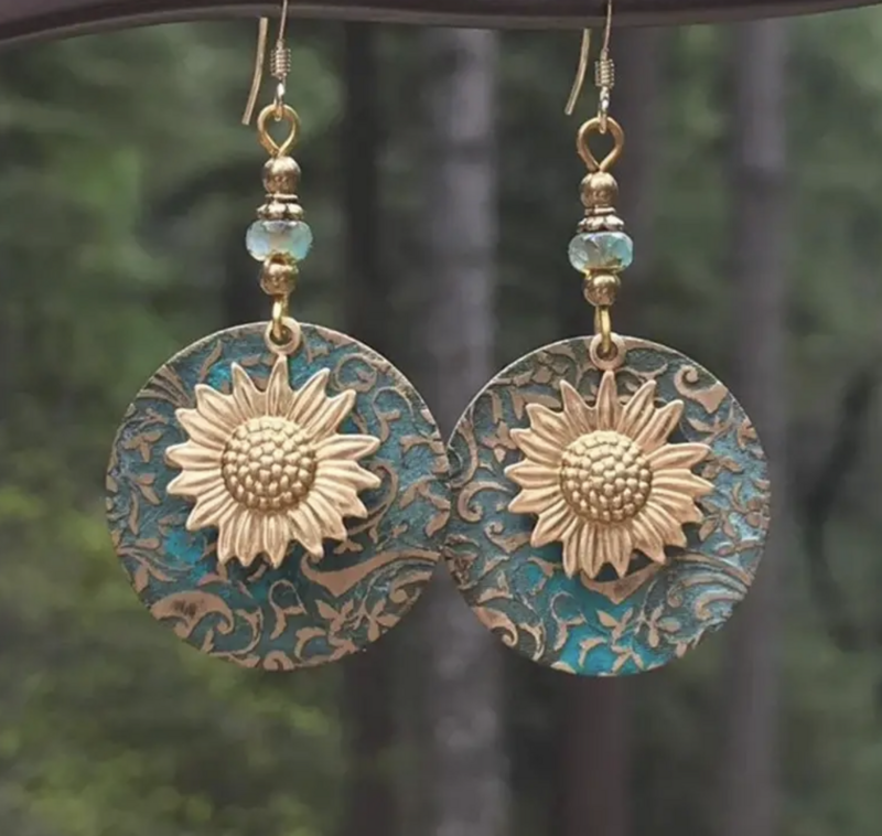 Sunflower Patina Beaded Earrings