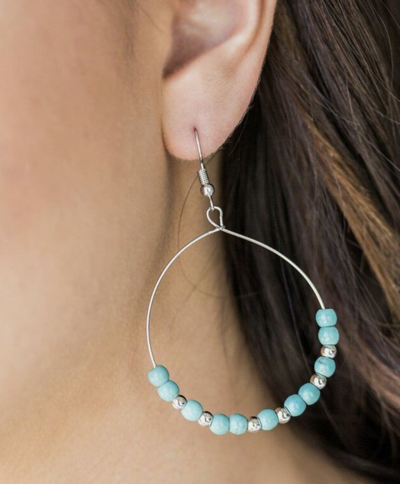 Silver &amp; Turquoise Beaded Stone Hoop Earrings