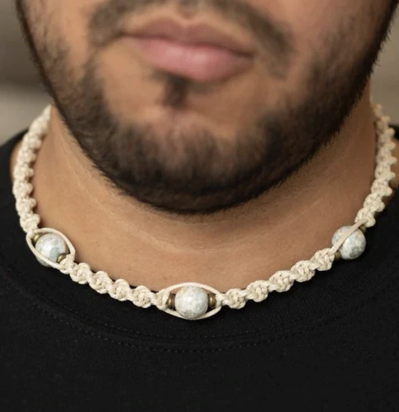 Mens Braided Cord &amp; Beaded Necklace