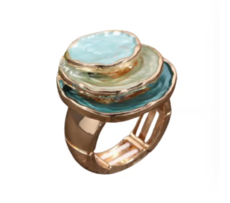 Gold Tone Triple Multi Blue Layer Boho Stretch Ring
