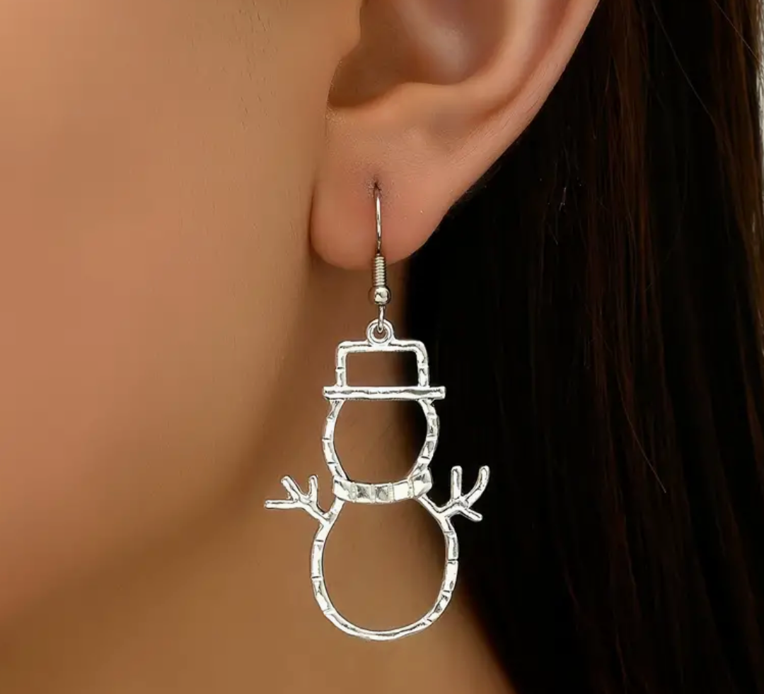 Silver Hollow Snowman Dangle  Earrings