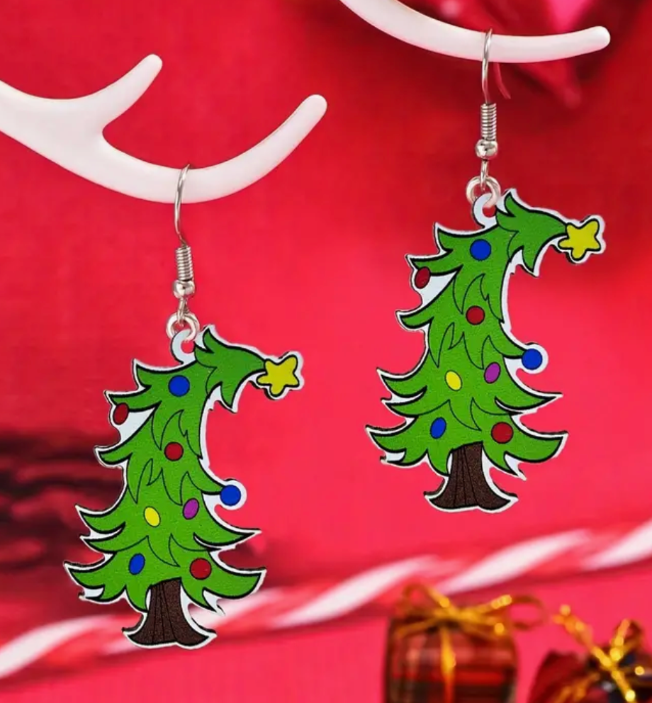 Wooden Christmas Tree Dangle Earrings