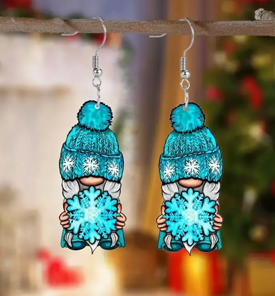 Teal Gnome Christmas Acrylic Dangle Earrings