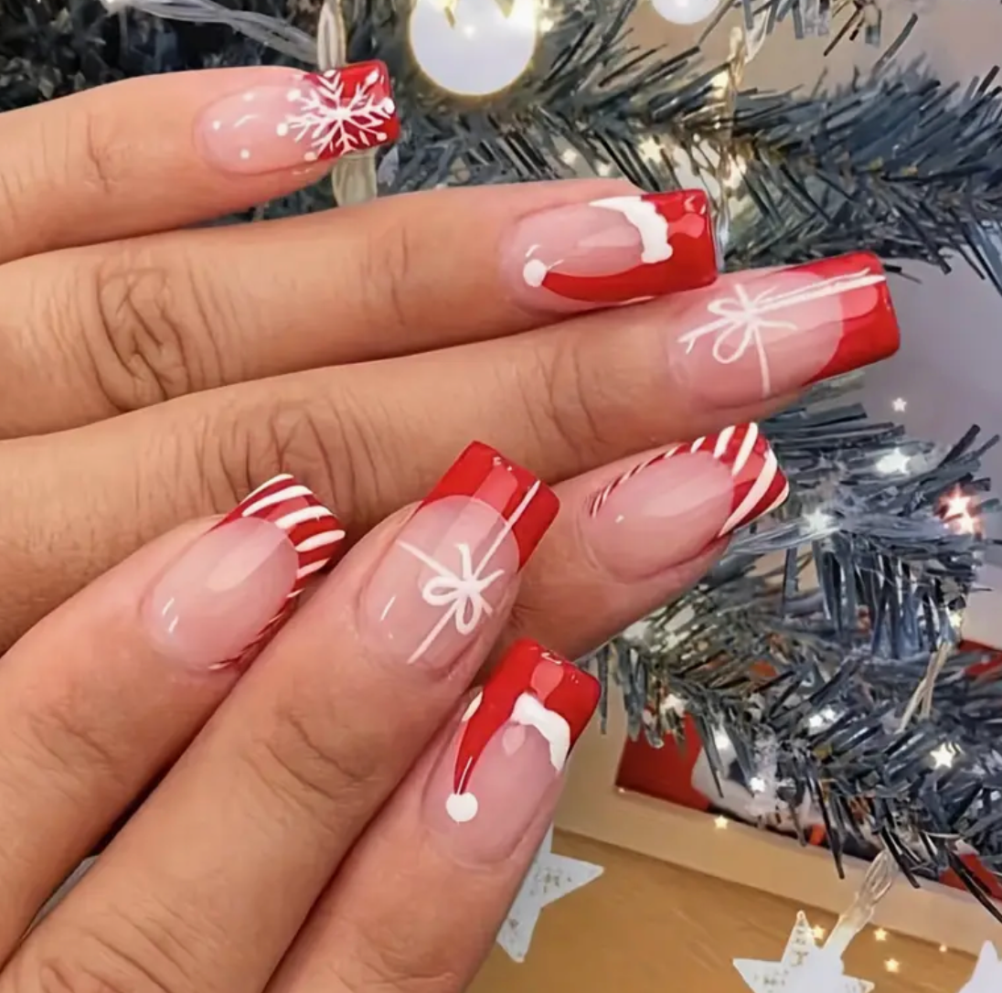 Red &amp; White Christmas Press On Nails