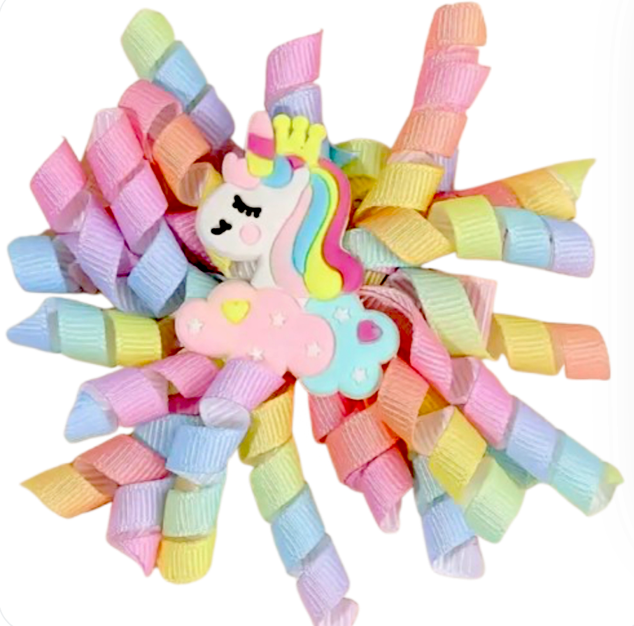 Girls Unicorn Curly Ribbon Hair Bow