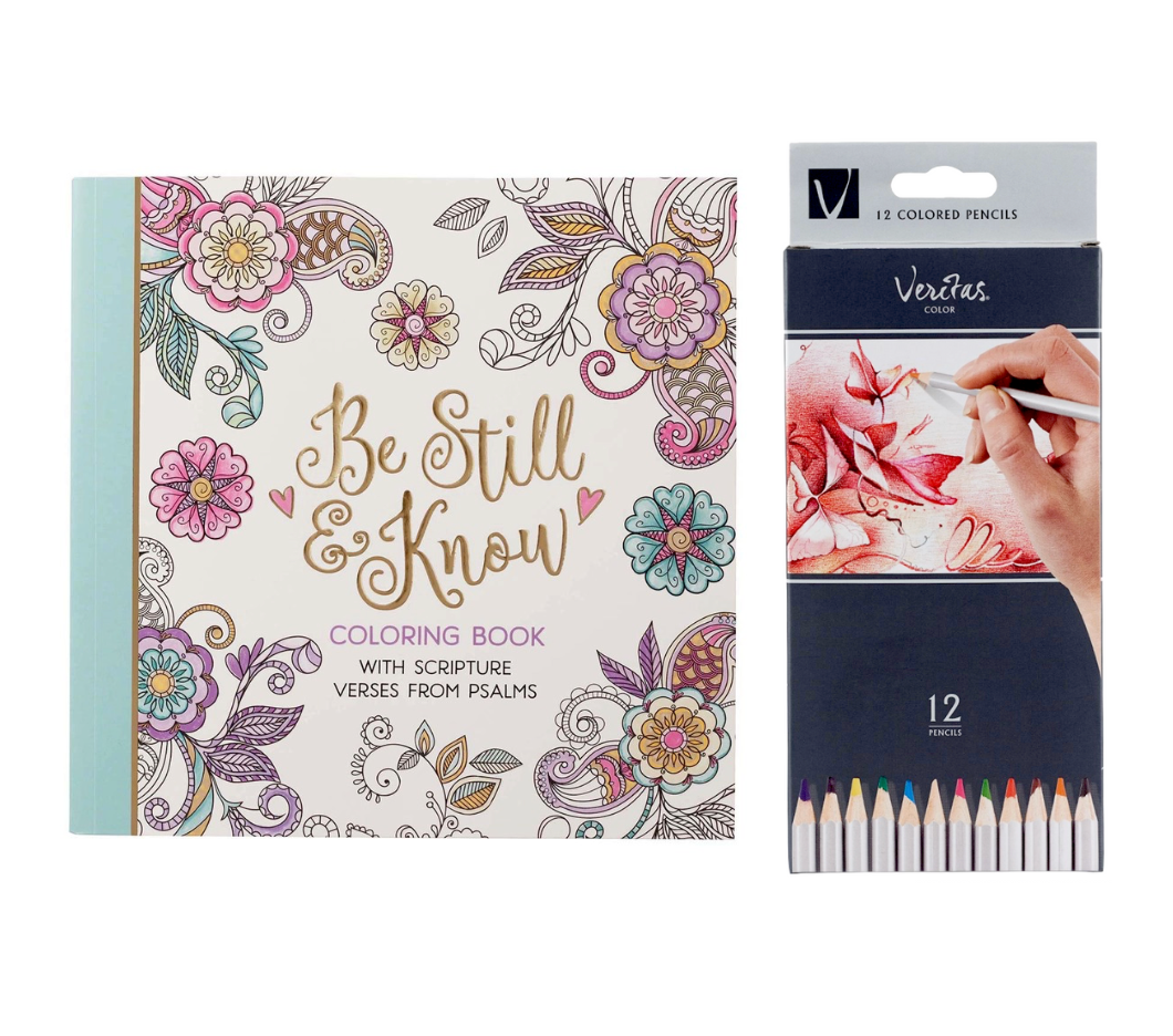 Be Still &amp; Know Large Adult Coloring Book &amp; 12 Colored Pencils Set