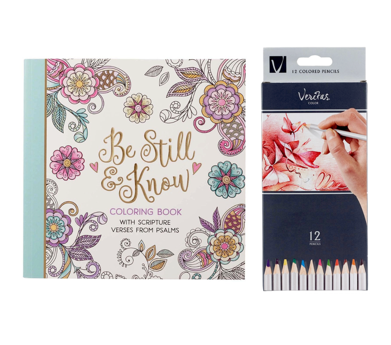Be Still &amp; Know Large Adult Coloring Book &amp; 12 Colored Pencils Set