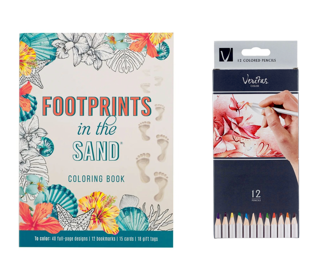 Footprints In The Sand Large Adult Coloring Book &amp; 12 Colored Pencils Set