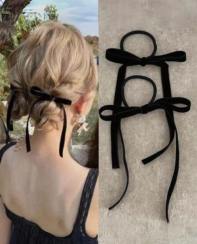Black Velvet Skinny Hair Bow Pony Holders