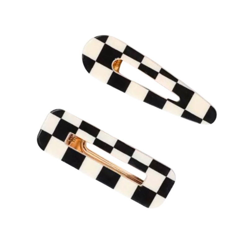 Black And White Checkered Acrylic Flat Hair Clips 2 Pack