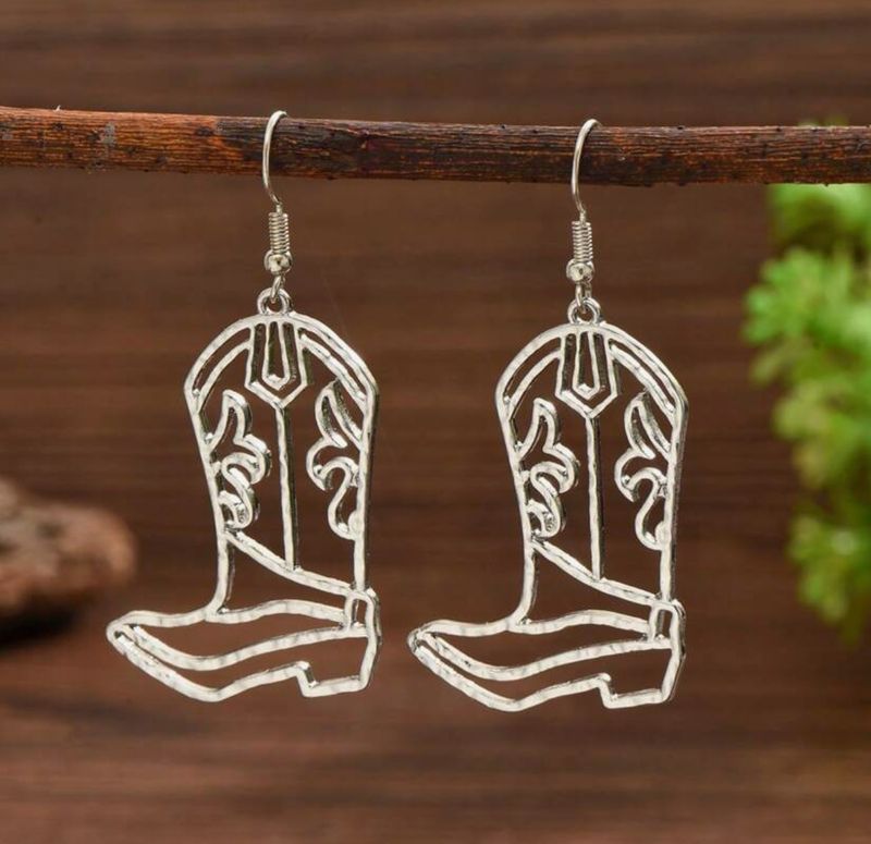 Hollow Cowgirl Boot Earrings - Silver