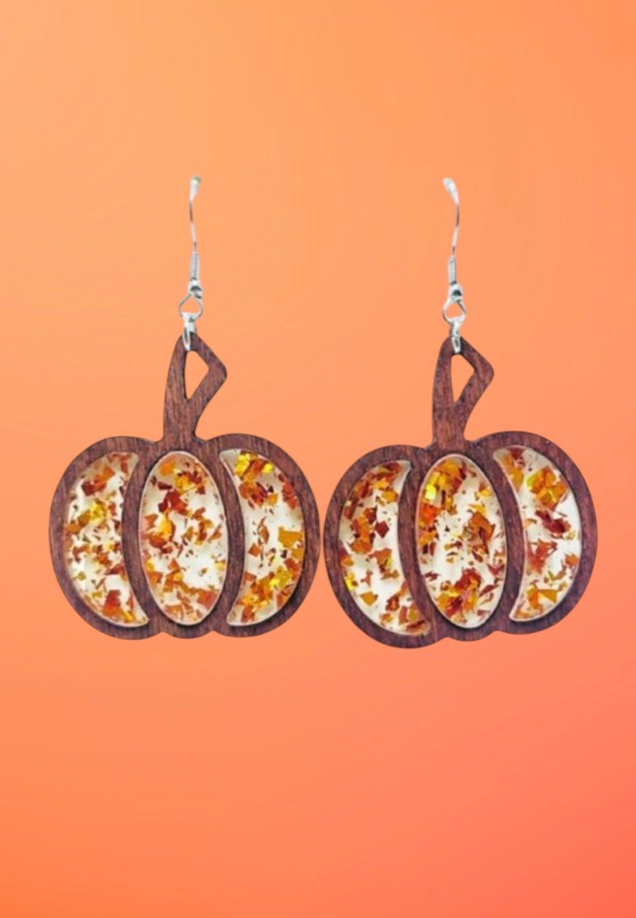 Halloween Wooden Pumpkin Inlay Sparkling Acrylic  Earrings