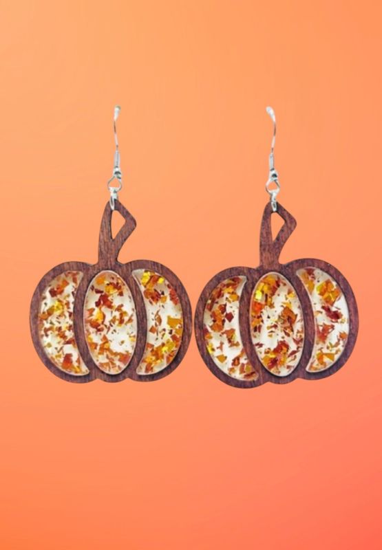 Halloween Wooden Pumpkin Inlay Sparkling Acrylic  Earrings