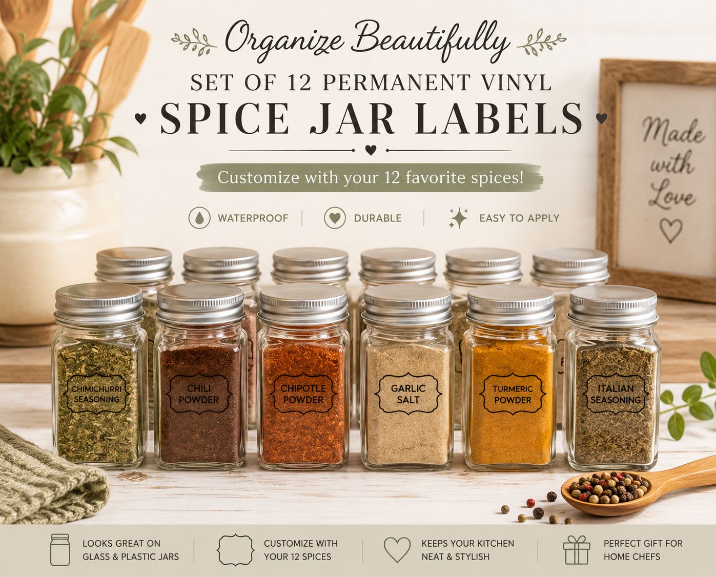 Set Of 12 Permanent Vinyl Spice Jar Labels - Your Choice