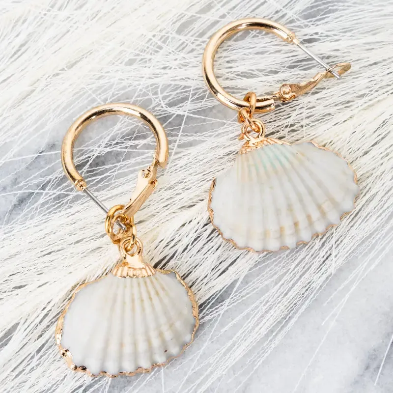 White Shell Goldtone Hoop Earrings