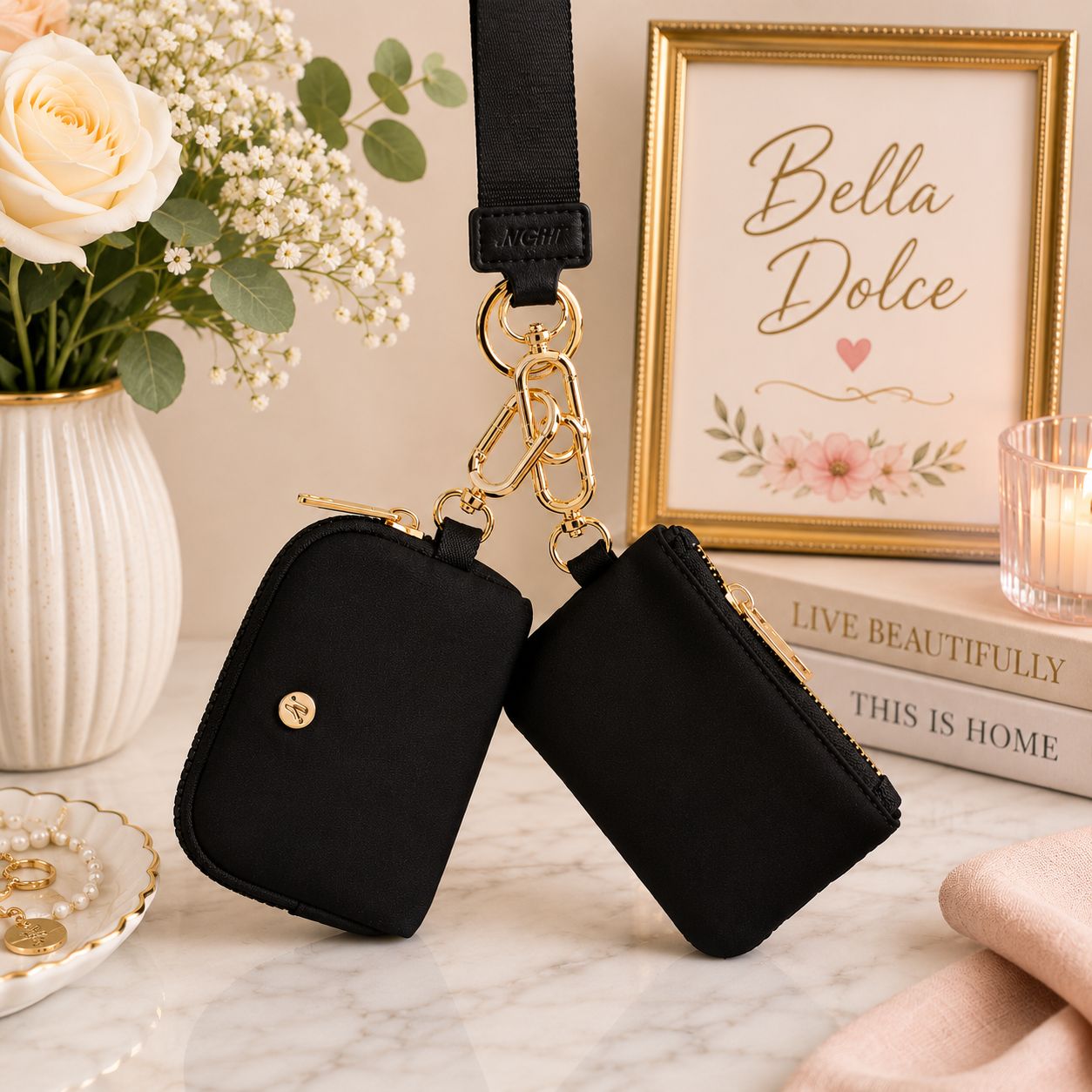 Black and Gold Dual Pouch Wristlet