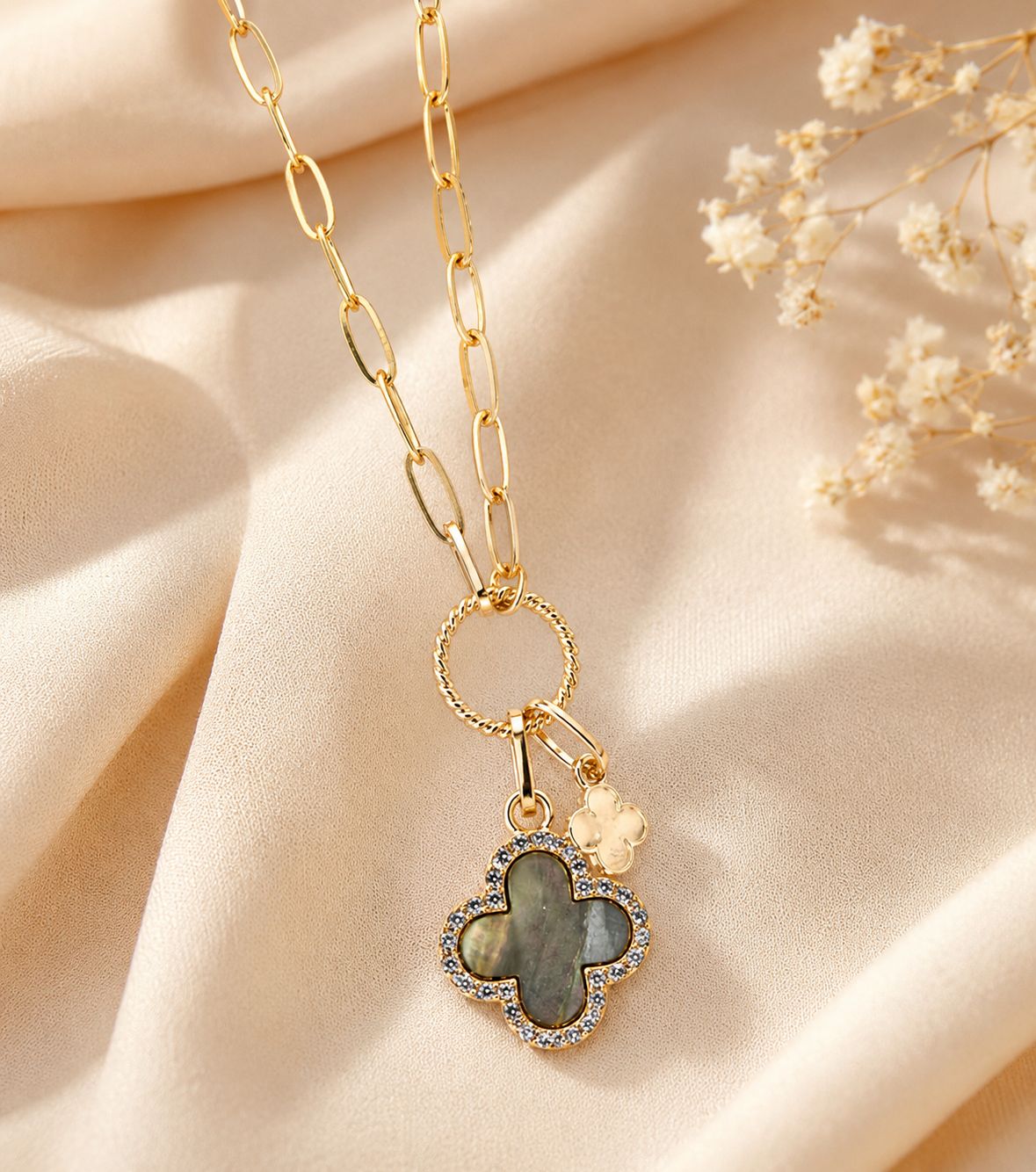 Black Shell Corine Clover Goldtone Necklace