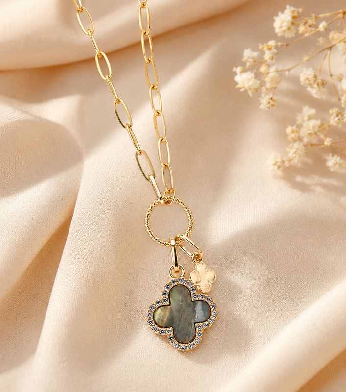 Black Shell Corine Clover Goldtone Necklace