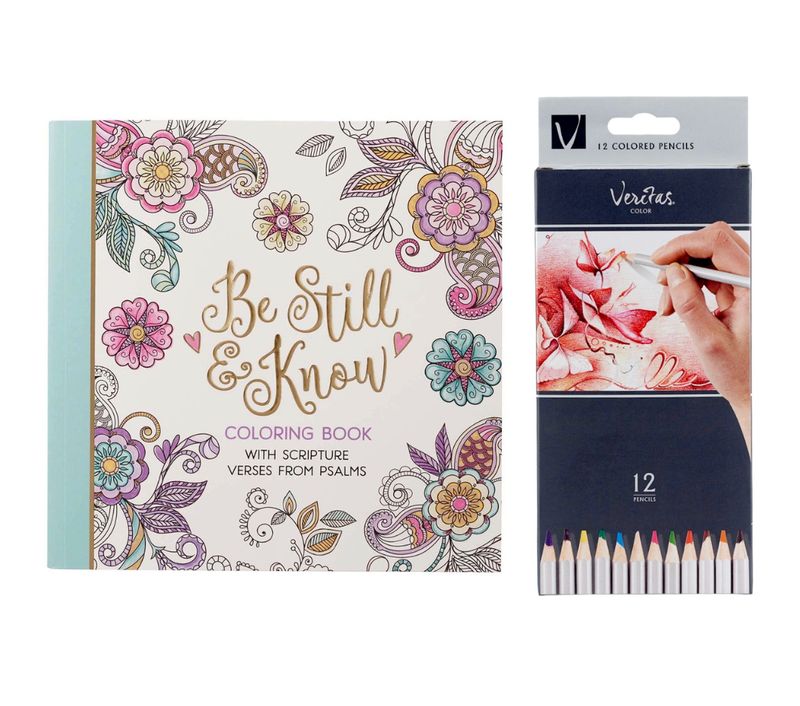 Be Still &amp; Know Large Adult Coloring Book &amp; 12 Colored Pencils Set