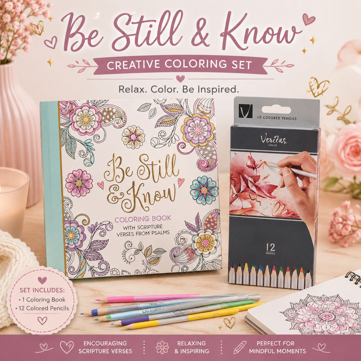 Be Still &amp; Know Large Adult Coloring Book &amp; 12 Colored Pencils Set