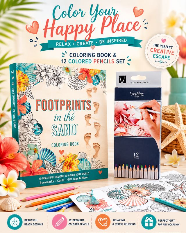 Footprints In The Sand Large Adult Coloring Book &amp; 12 Colored Pencils Set