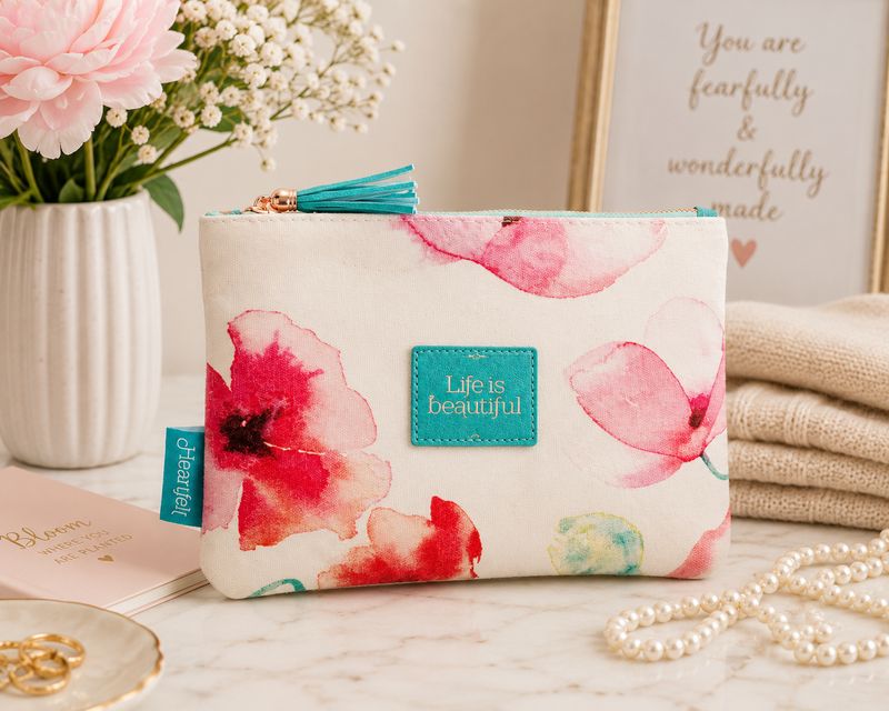 Life Is Beautiful  Zipped Pouch Canvas Coral Poppies