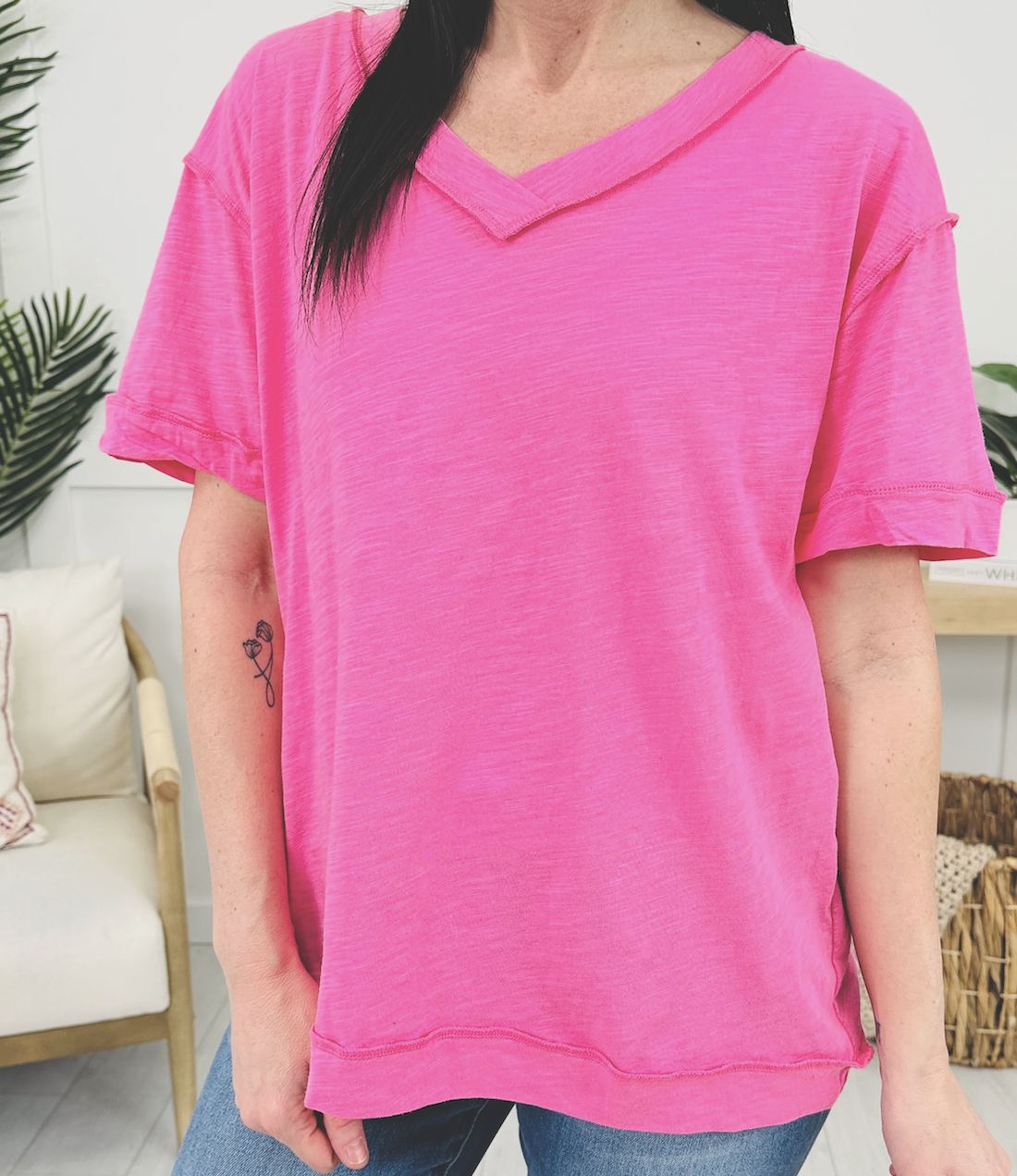Pink Raw Edge Casual V-Neck Tee