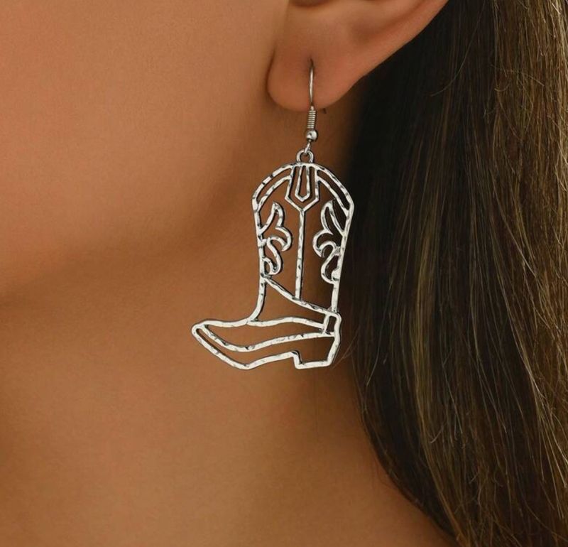 Hollow Cowgirl Boot Earrings - Silver