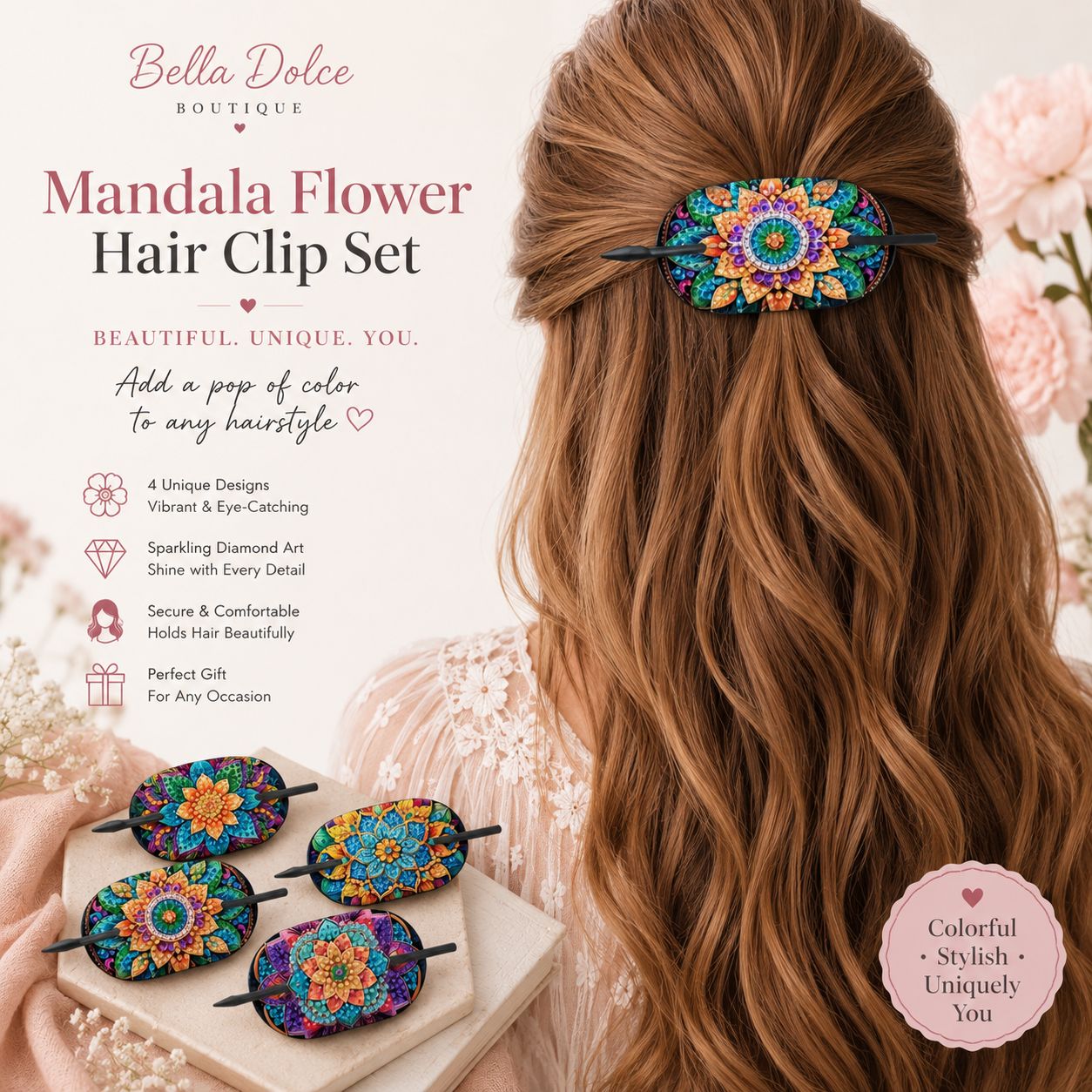 DIY Diamond Painting Mandala Hair Pins - Set Of 4