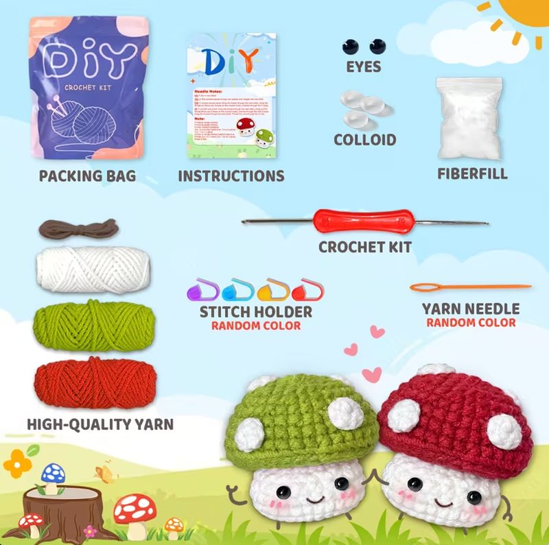 Mushroom Crochet Kit - Green Or Red